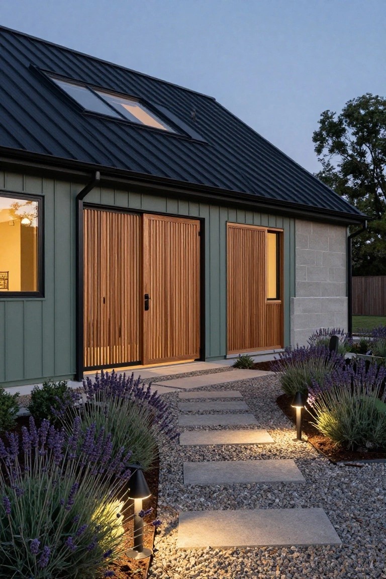 Ranch-style house exterior featuring sage green vertical siding, a concrete block accent wall, double vertical slat wooden garage doors, black metal roof, and a stone paver pathway edged with lavender plants and low cone-shaped lights at twilight.