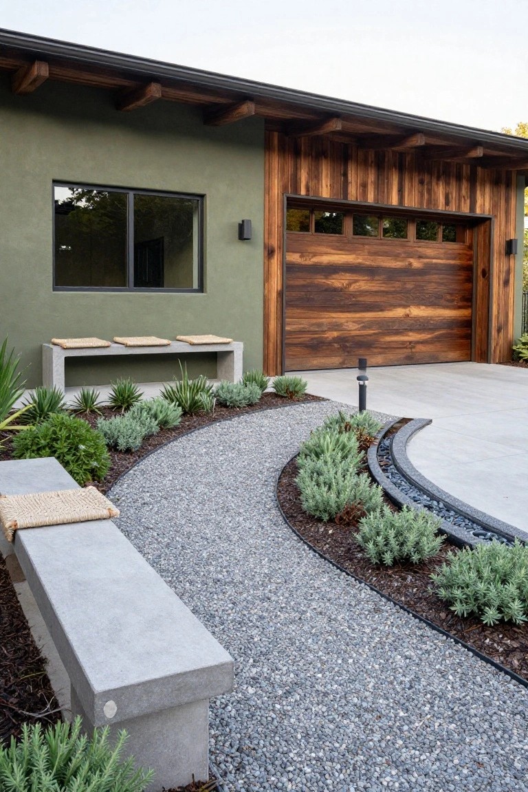 Ranch-style house exterior with sage green stucco walls, vertical wood siding accents, large wooden garage door with window panels, curved gravel pathway edged by lavender and agave plants, concrete benches with rattan cushions, and modern post lights.