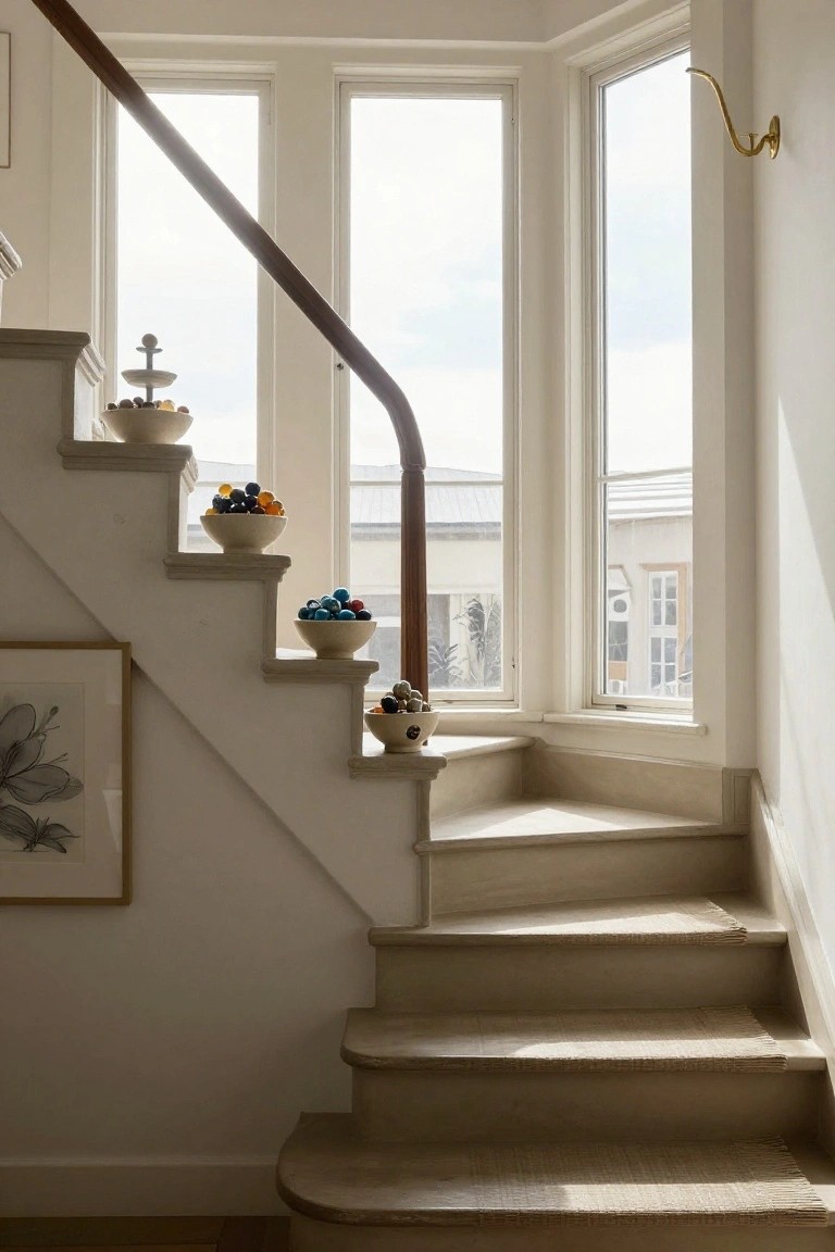 Beige curved staircase with wooden handrail, white bowls filled with multicolored glass spheres on each landing, large windows with natural light, and a framed botanical print nearby.