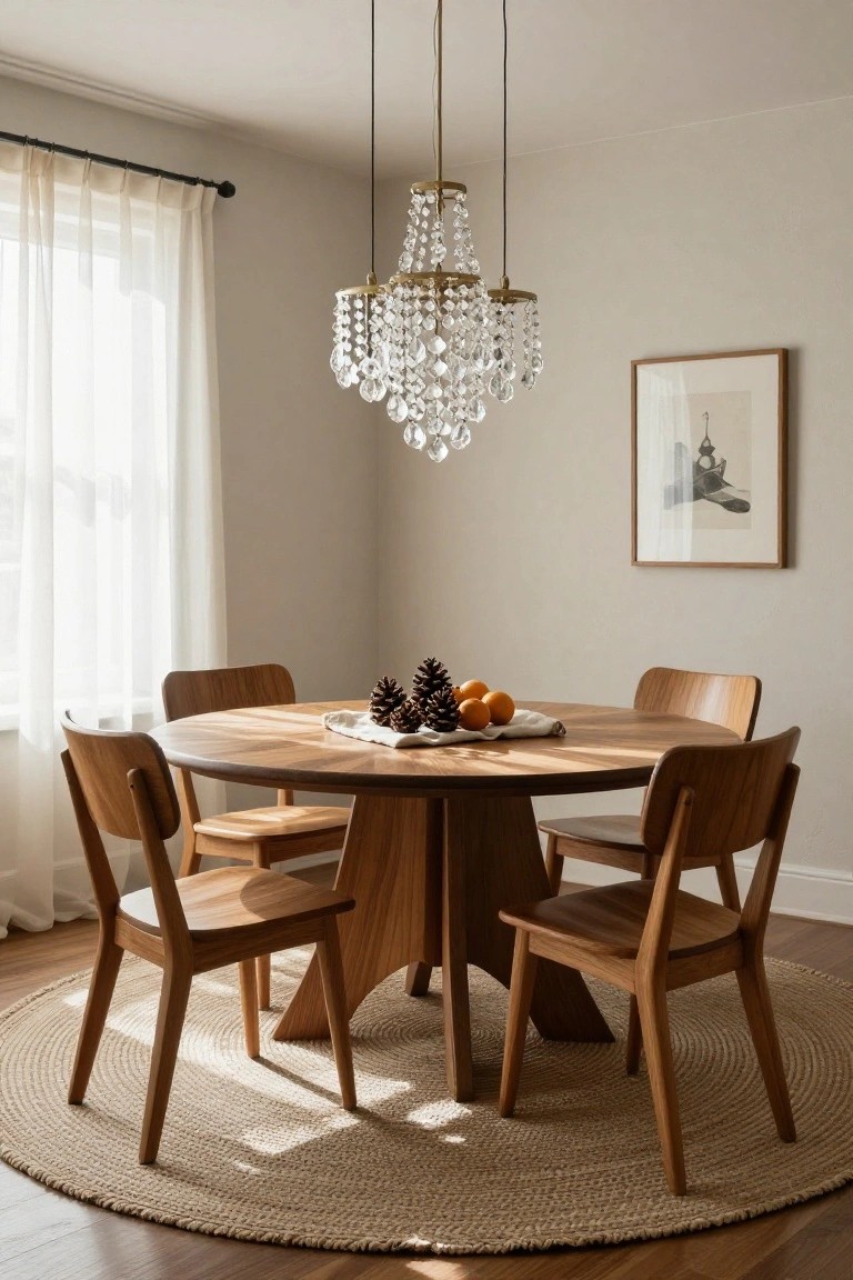 Round wooden dining table with four wooden chairs, crystal chandelier overhead, pinecones and oranges on a cloth napkin centerpiece, sheer curtains on window, seagrass rug on wood floor in beige room.