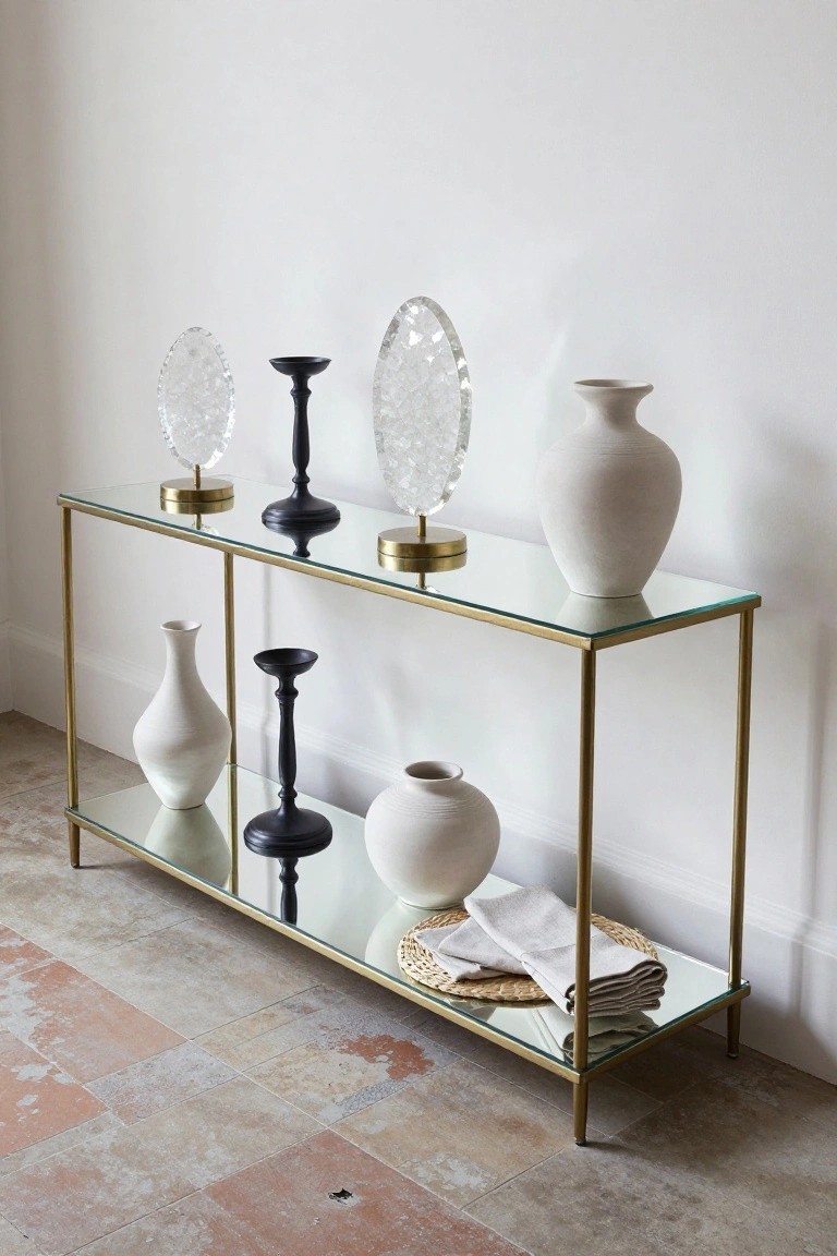 Gold metal console table with glass shelves against a white wall, displaying white ceramic vases, black candlesticks, faceted clear oval ornaments, and a beige vase on a lower shelf over terracotta floor tiles.