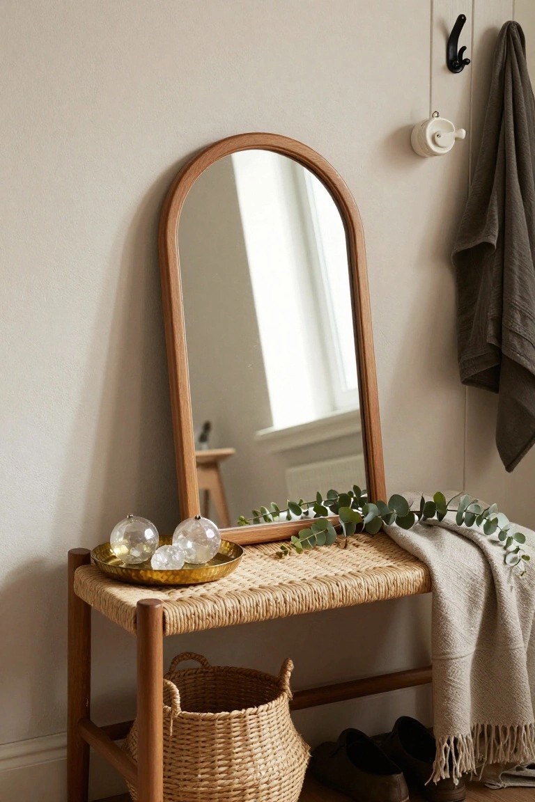 Arched wooden mirror next to a rattan bench with a gold dish of clear glass ornaments containing crystals, eucalyptus leaves, a gray throw, woven basket, and brown shoes in a beige hallway.