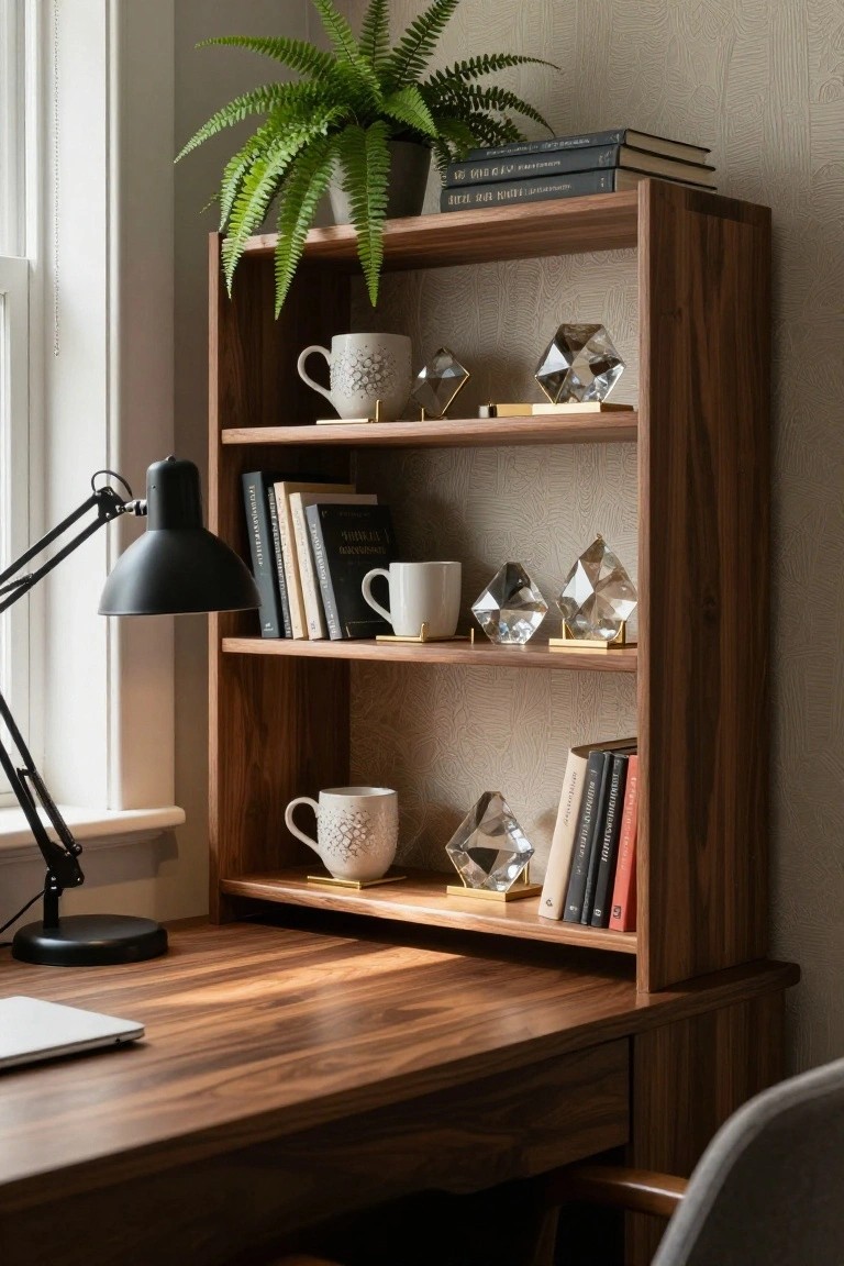 Wooden desk and open bookshelf in a home office setup with clear faceted crystal prisms on gold bases, white textured mugs, assorted books, a potted fern, and a black adjustable desk lamp next to a window.