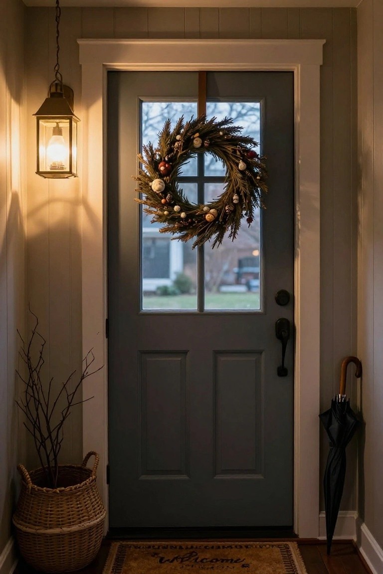 Gray front door with glass panels and a Christmas wreath of dried wheat, pine, and round ornaments, illuminated by a brass lantern light, beside a basket of branches, black umbrella, and welcome mat inside an entryway.