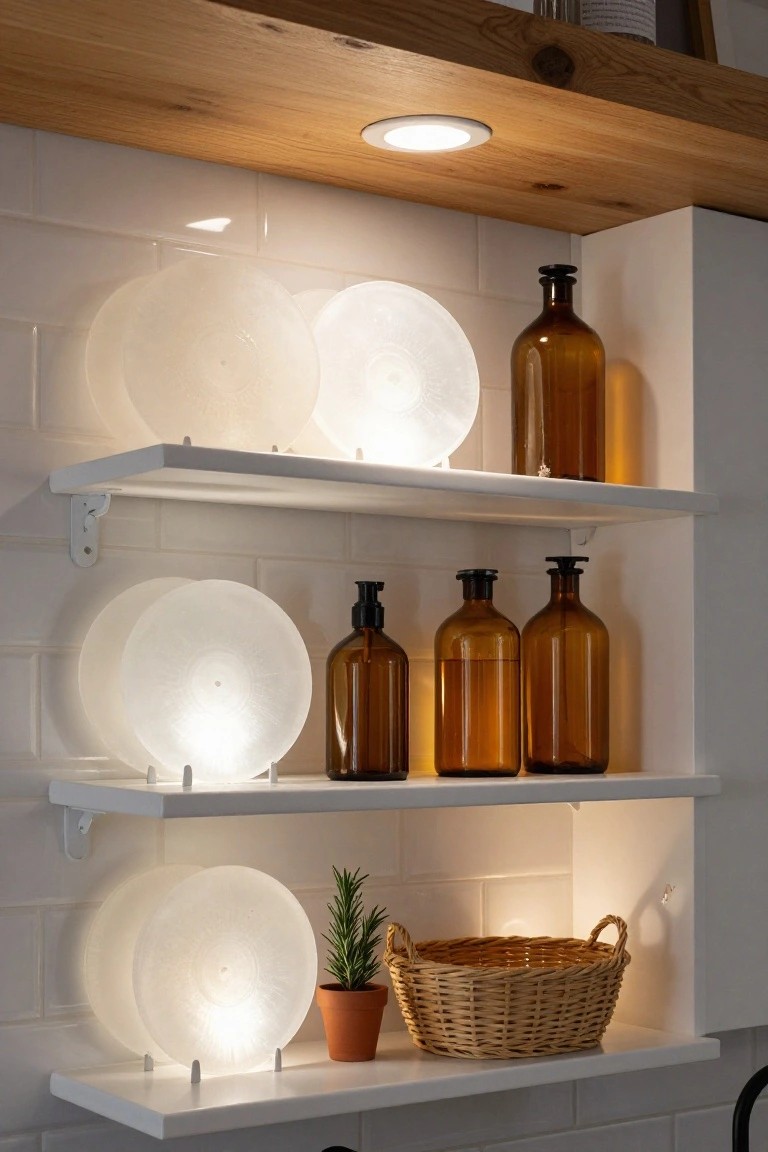 Vertical photo of three white wooden shelves mounted on white subway tile wall in a kitchen, displaying multiple amber glass bottles, illuminated frosted white circular plates on stands, a small potted rosemary plant, and a woven basket.