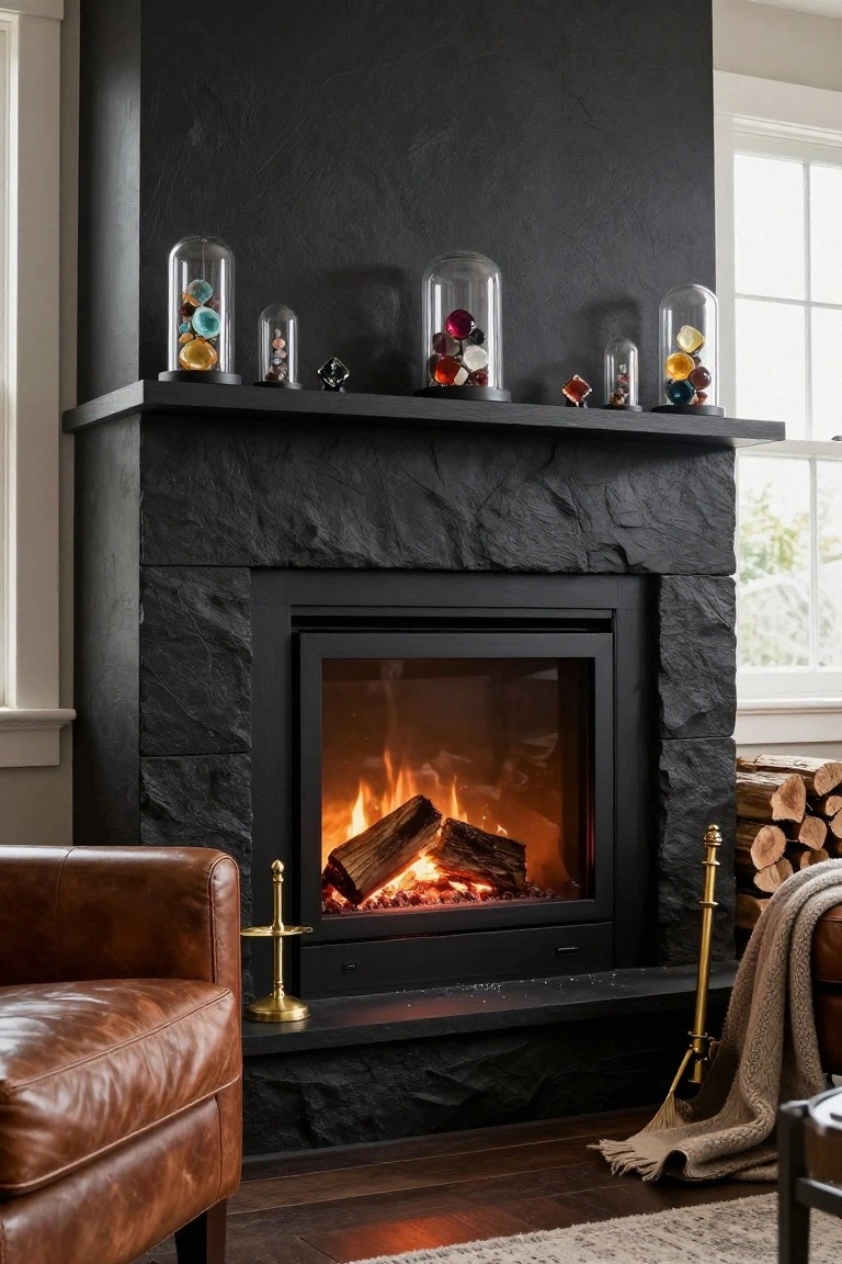 Black stone fireplace with wooden mantel holding several glass cloches filled with colorful shiny spherical ornaments, flanked by a leather armchair, gold fire tools, stacked firewood, and a woven throw.