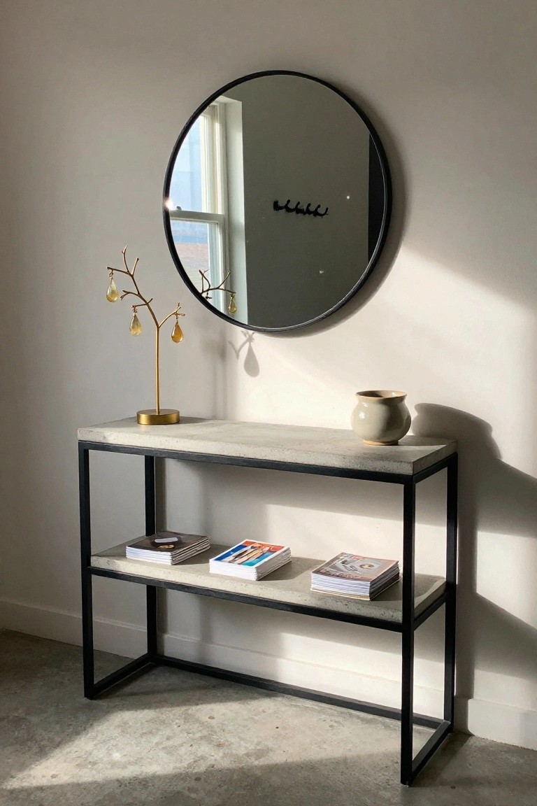 Concrete-topped black metal console table holding stacked books, a beige ceramic vase, and a gold branch stand with dangling amber teardrop shapes, positioned beside a large round black mirror on a white wall in a sunlit room.