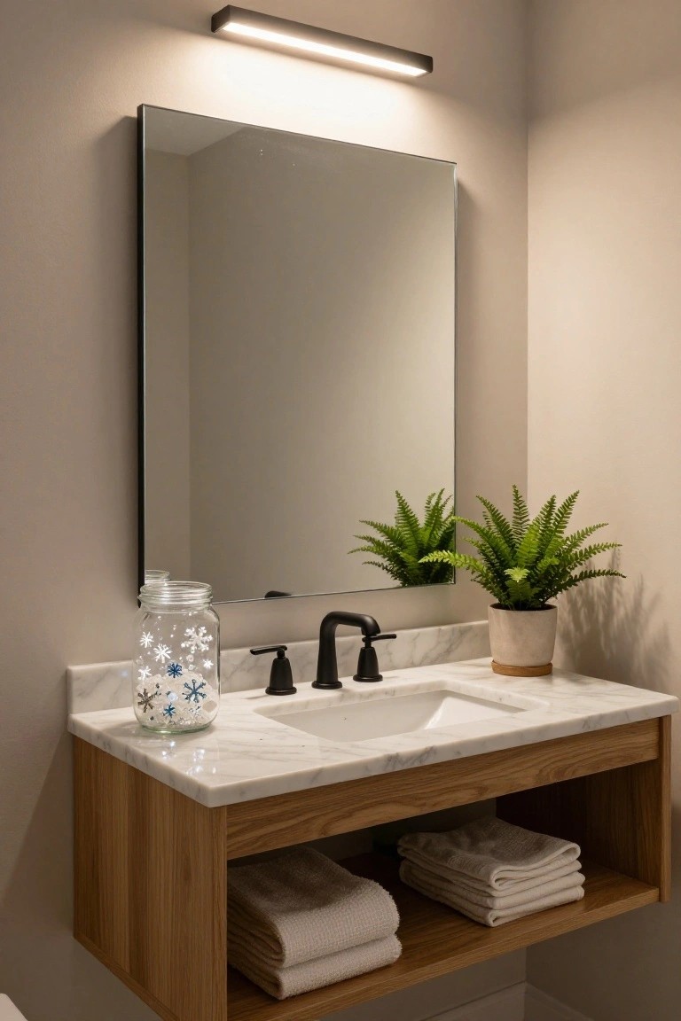 Modern floating bathroom vanity with white marble countertop, black faucet and handles, large frameless mirror above, potted fern plant, glass mason jar filled with snowflakes and lights, and stacked white towels in open shelf below.