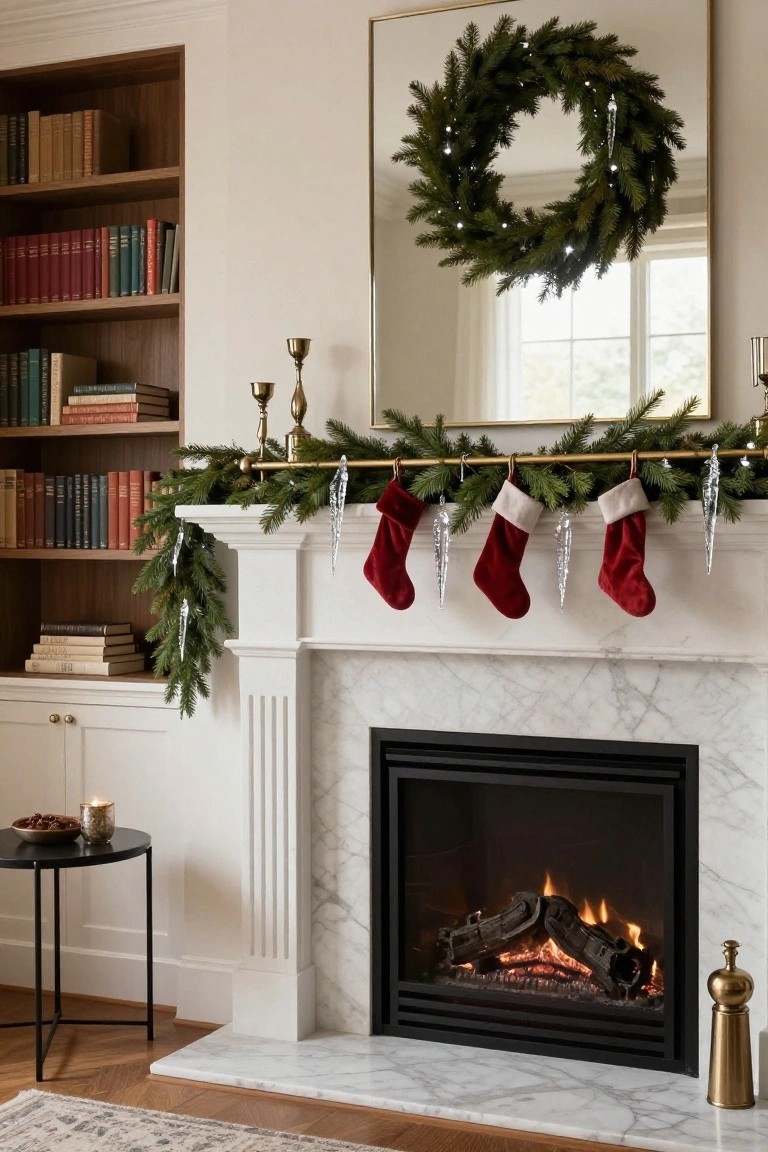 White marble fireplace with lit gas fire, gold rod holding evergreen garland and four red stockings with dangling clear icicle ornaments, flanked by wood bookshelves and a gold-framed mirror with Christmas wreath above.