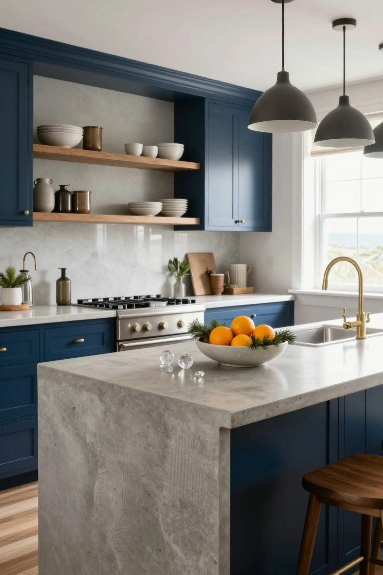 Modern kitchen interior with navy blue cabinets, open wood shelving, white marble backsplash, gas range, white sink with brass faucet, concrete island holding bowl of oranges and clear faceted crystals, and wood stool.