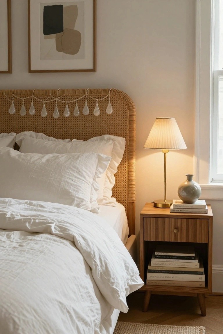 Bedroom corner with rattan headboard strung with white beaded garland, white linen bedding, brass table lamp with pleated shade on wooden nightstand holding books and vase, two abstract tan and black framed prints on beige wall, and window with sheer curtain.