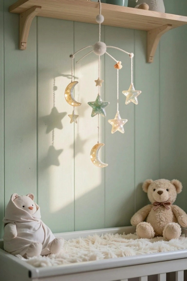 Crib with two teddy bears and fluffy white blanket in light green paneled nursery, wooden shelf with ceramics above, hanging mobile of glowing stars and moons.