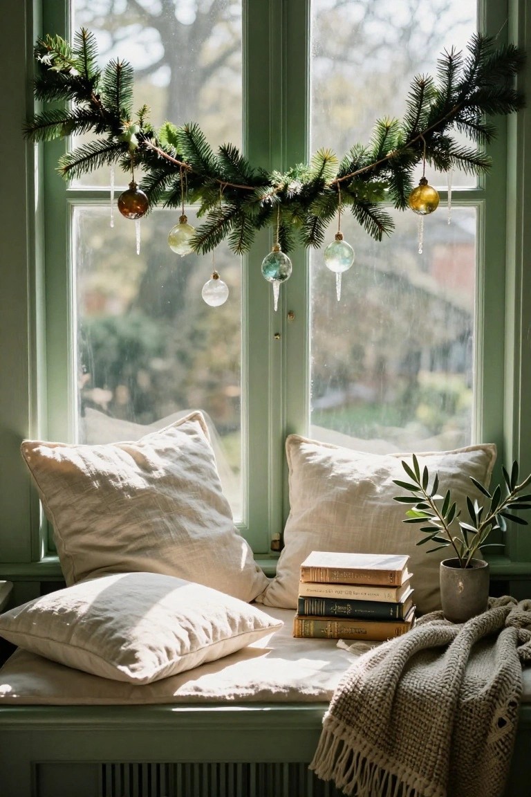 Green wooden window frame with beige linen pillows on a cushioned seat, stacked old books, potted olive plant, knitted beige throw, and evergreen garland draped across the top hung with clear and colored glass-like Christmas ornaments.