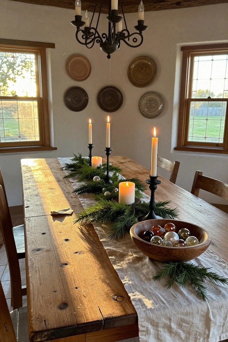 Rustic wooden dining table decorated for Christmas with linen runner, evergreen garland, black candlesticks holding white candles, and a wooden bowl filled with assorted clear and colored spherical ornaments.