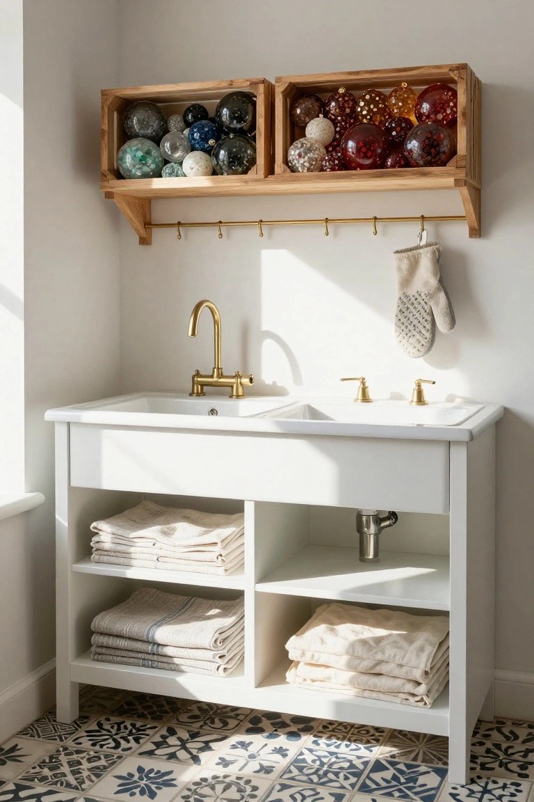 White double sink on open cabinet with folded towels stored on shelves below, wooden wall-mounted crates filled with multicolored glass ornaments, gold faucet, hanging oven mitt, and blue patterned tile floor.