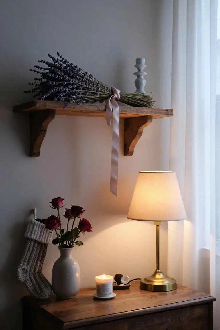 Wooden floating shelf with lavender bundle tied in pink ribbon and white candle holder above a bedside table with brass lamp, lit white candle on saucer, small tray, and white vase of red roses draped with knitted Christmas stocking, sheer curtained window in background.