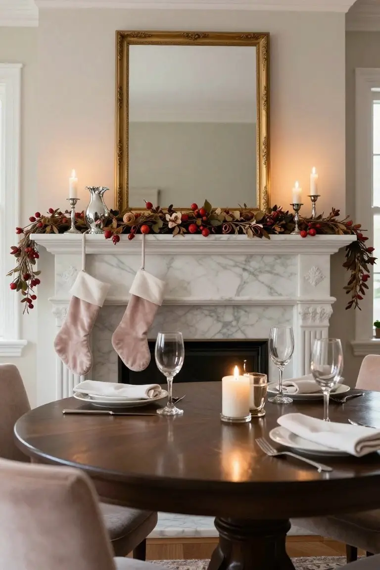 White marble fireplace mantel decorated with red berry garland, dried leaves, candles, silver candlesticks and vase, and two pink velvet Christmas stockings hanging from the front, next to a round wooden dining table set with white plates, wine glasses, and more candles.