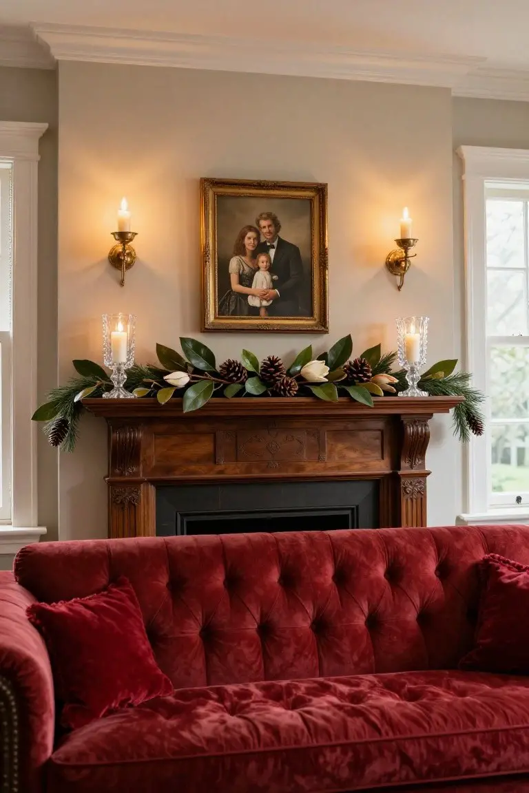 Living room fireplace mantel decorated with magnolia leaf garland, pinecones, white tulips, and crystal candlesticks, family oil portrait above flanked by wall sconces, red velvet tufted sofa in front.