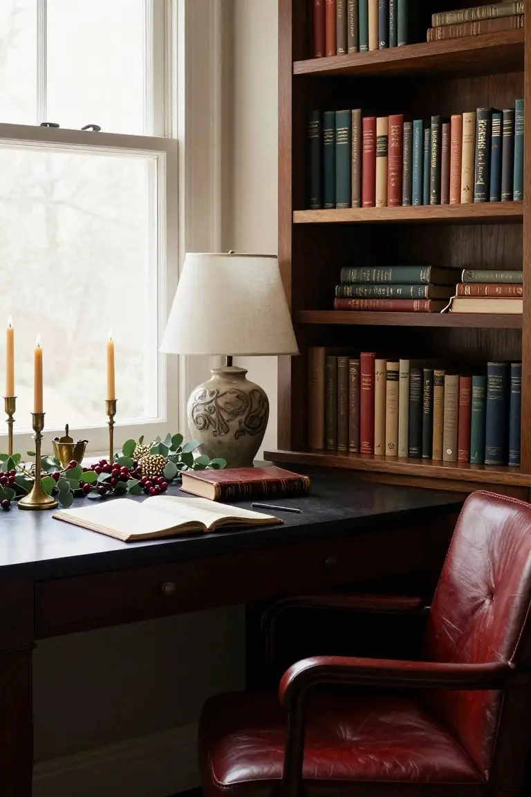 Wooden desk in a book-lined room with open book, greenery garland, red berries, grapes, brass candlesticks, ceramic vase, lamp, and red leather chair, natural light from window.