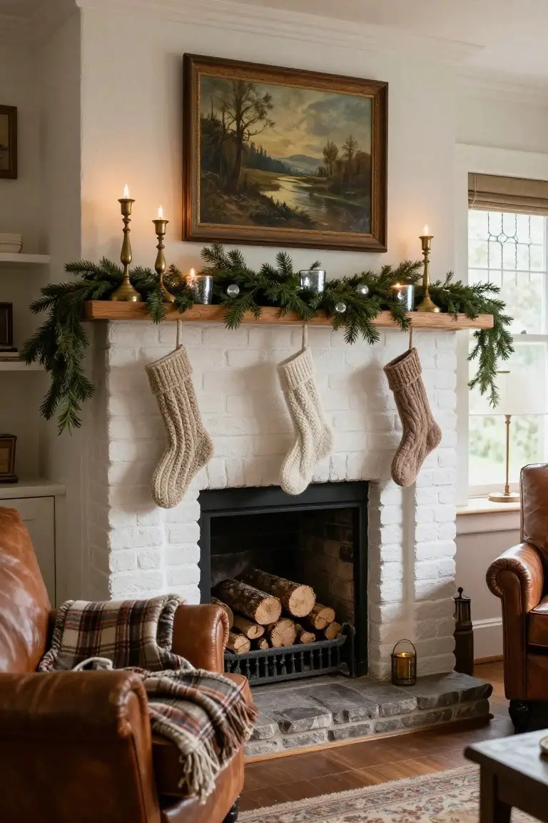 White brick fireplace mantel decorated with evergreen garland, three knitted stockings in neutral colors, brass candelabras with lit candles, and glass ornaments, with a fire burning and leather chairs in front.