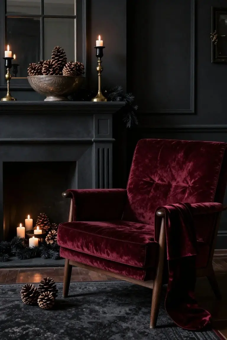 Dark interior room with black fireplace mantel holding brass candelabras with lit candles, a bronze bowl filled with pinecones, black greenery, additional candles and pinecones on the hearth, and a red velvet armchair positioned in front on a dark rug.