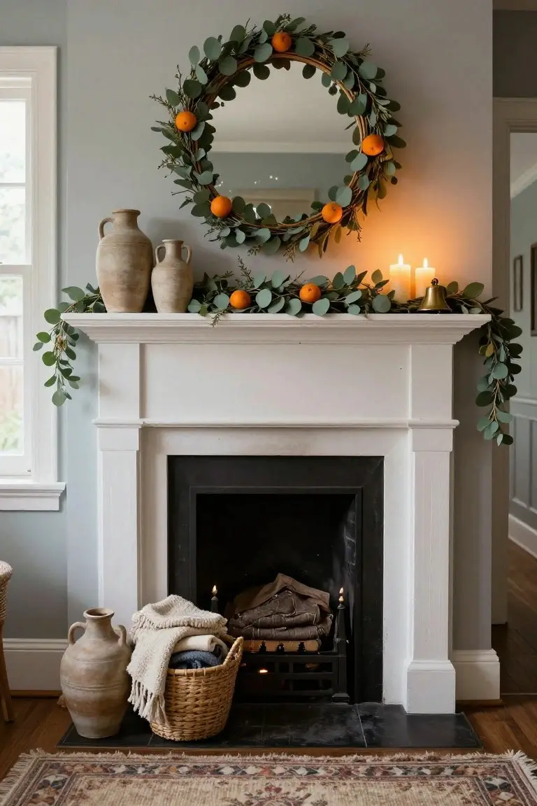 White fireplace mantel decorated with eucalyptus garlands, oranges, candles, terracotta vases, and a woven basket of blankets in a light gray living room with a round mirror wreath above.