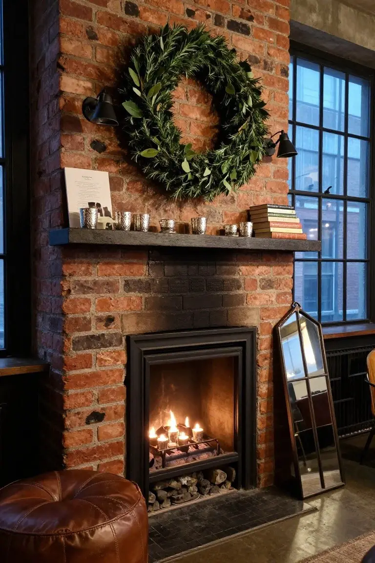 Exposed brick indoor fireplace with lit gas logs, large circular wreath of green rosemary and laurel leaves above the mantel shelf holding silver cups, candles, books, and a small hippo figurine, tall mirror nearby, brown leather pouf in front.