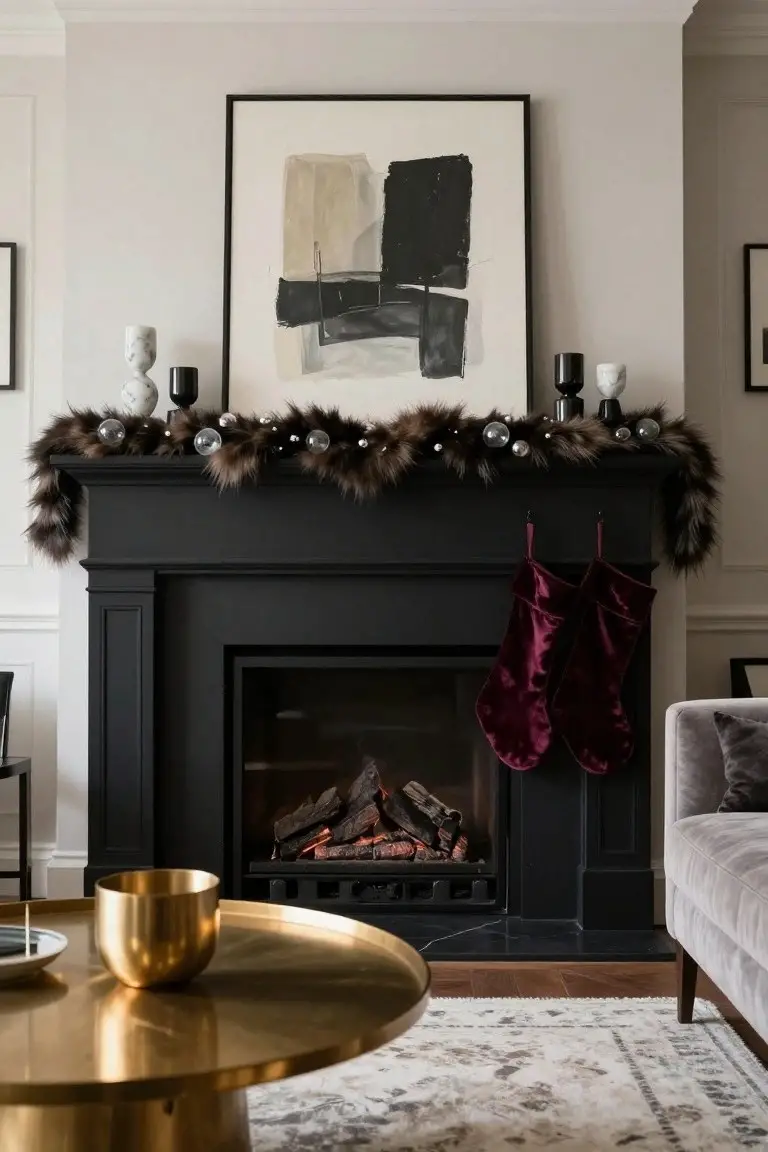 Black fireplace mantel decorated with brown faux fur garland strung with clear glass ornaments and flanked by white marble and black candlesticks, two maroon velvet Christmas stockings hanging from the side, gold bowl on table in foreground.