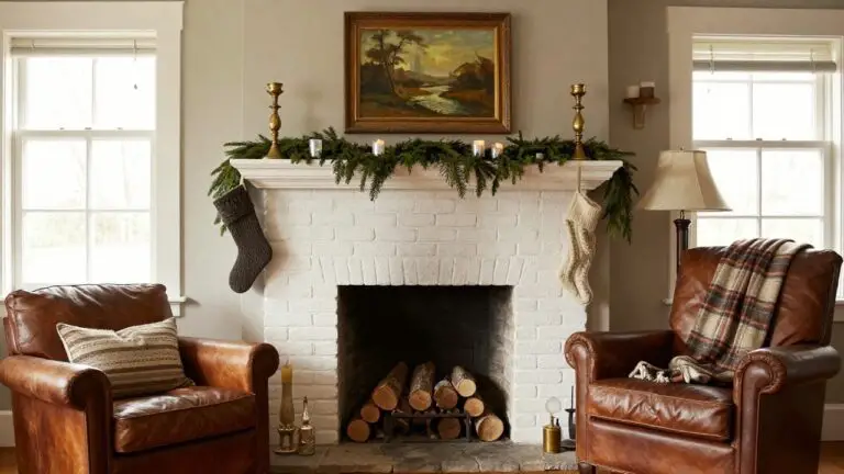 White brick fireplace mantel decorated with evergreen garland, three knitted stockings in neutral colors, brass candelabras with lit candles, and glass ornaments, with a fire burning and leather chairs in front.
