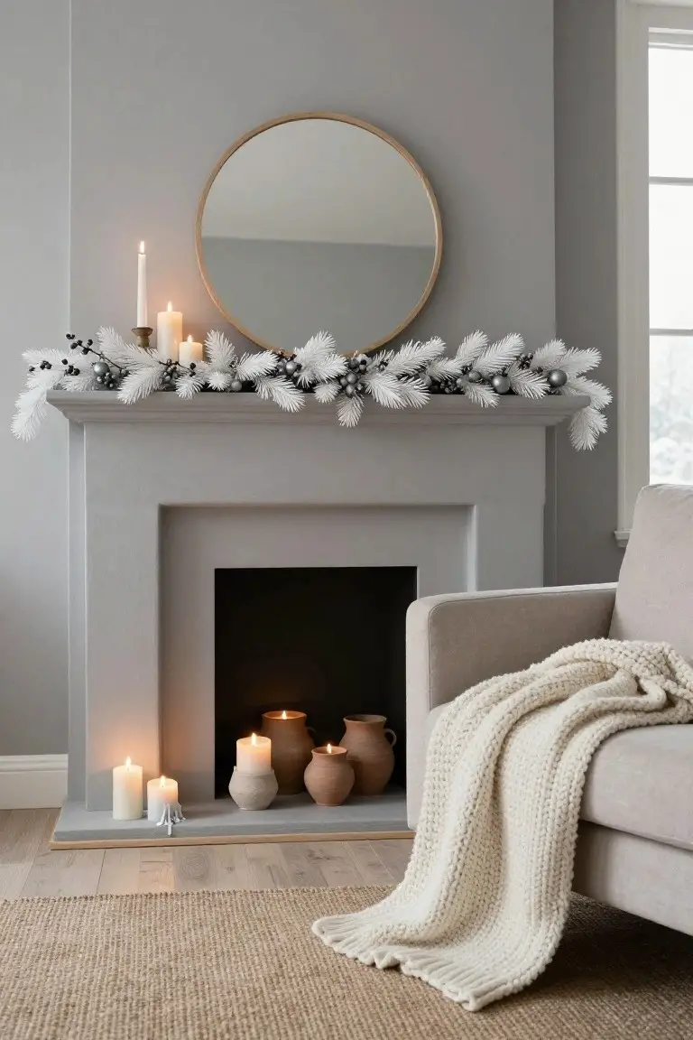 Light gray fireplace mantel decorated with fluffy white pine garland, silver and black berries, multiple lit white candles, and terracotta pots, in a neutral room with beige sofa, white knit blanket, and seagrass rug.