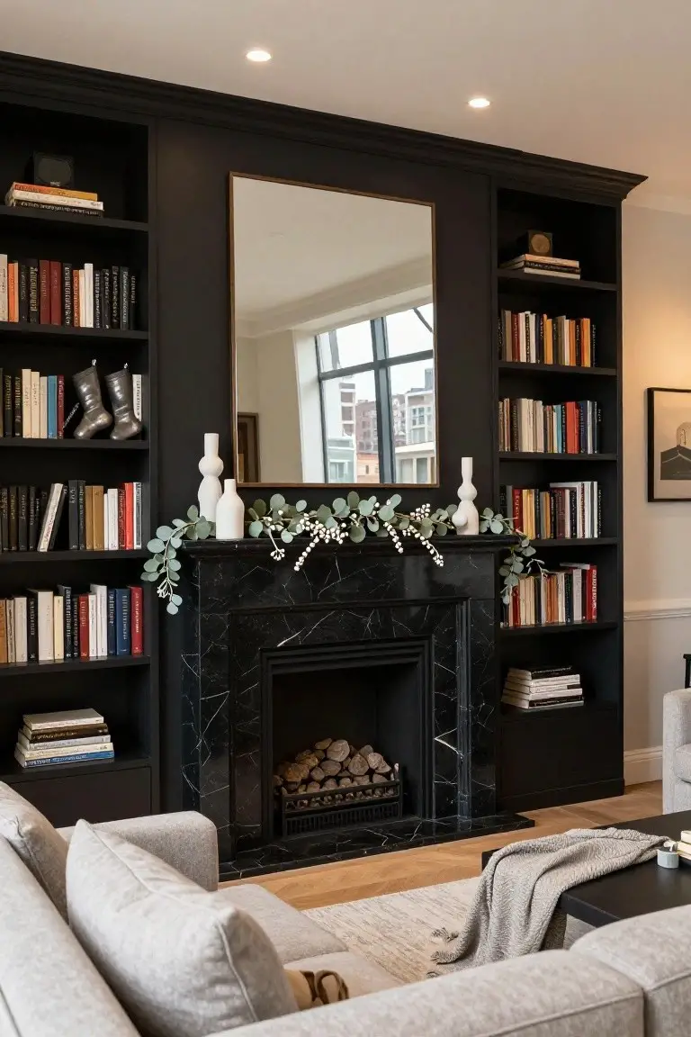 Black marble fireplace mantel decorated with trailing eucalyptus garland, white vases, and berry clusters, flanked by dark wood bookshelves and a large gold-framed mirror in a living room with gray sofa.