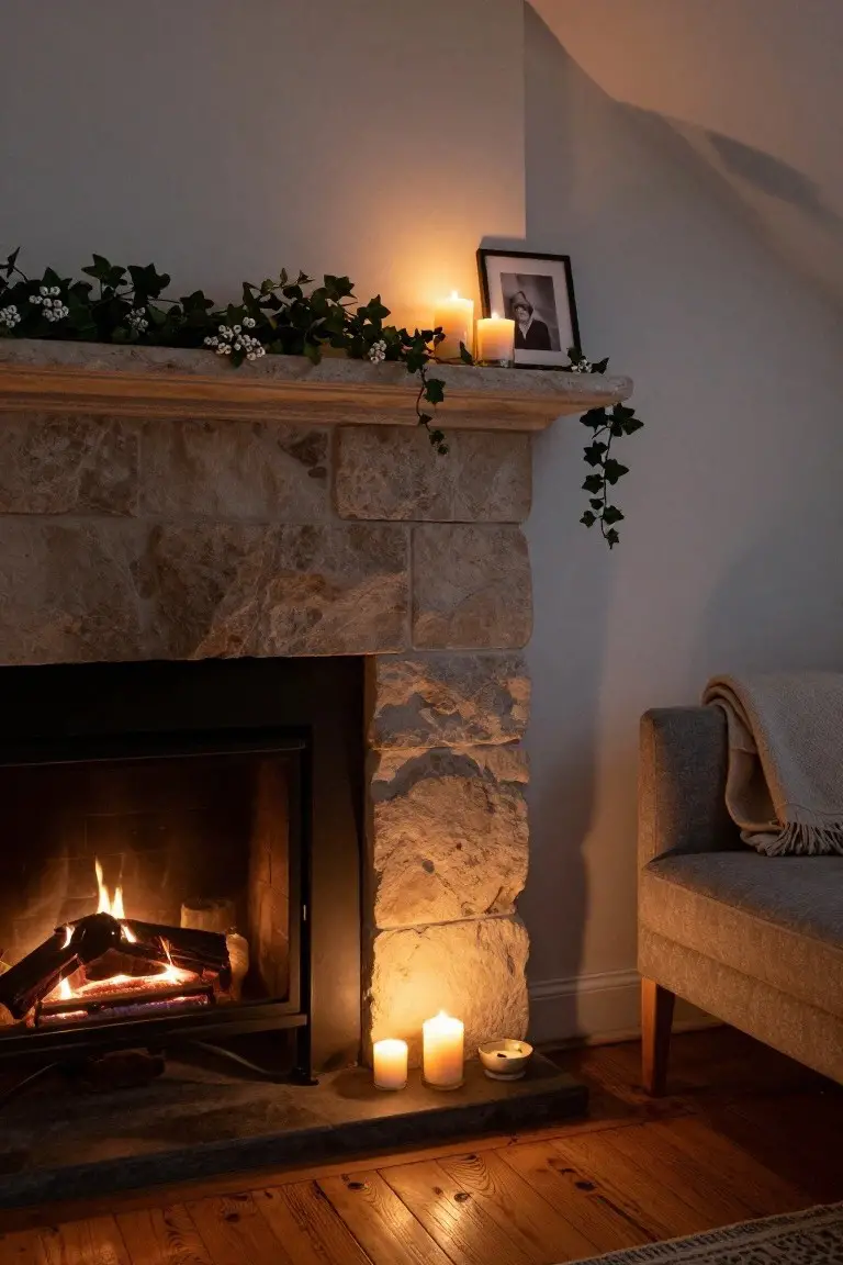 Stone fireplace with mantel decorated by trailing green ivy garland with white berries, lit candles, and a black-and-white framed photo of a woman in a hat, fire burning inside, gray armchair with throw nearby on wooden floor.