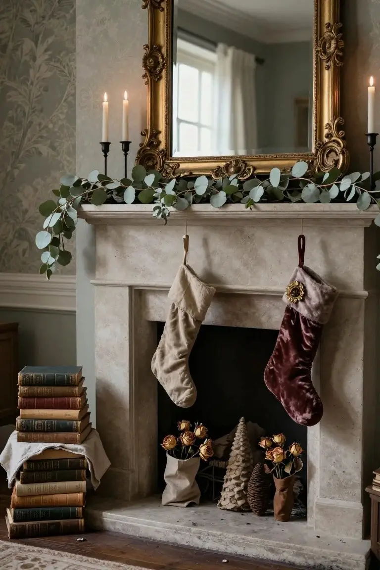 Stone fireplace mantel decorated for Christmas with eucalyptus garland draped across the top, beige and burgundy stockings hanging from it, stacked vintage books on cloth beside the hearth, dried roses in a sack, pinecone trees, and lit candles near a gold-framed mirror.