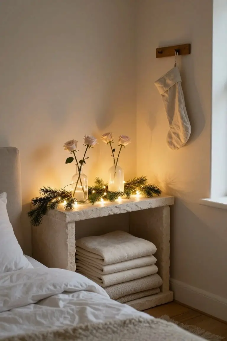 Stone bedside table with stacked beige linens, pine garland wrapped in fairy lights, two glass vases holding pink roses, and a white stocking hanging from a wooden hook on the wall, next to a white bed in a light corner room.