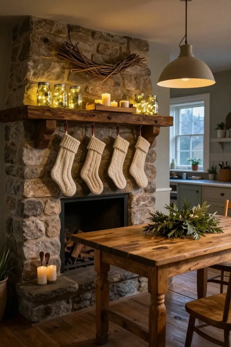 Rustic Mantel with Knit Stockings