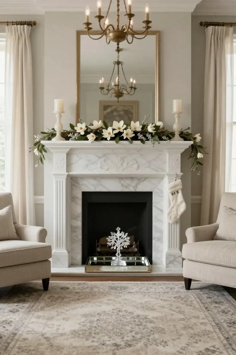 A marble fireplace mantel in a light gray living room decorated for Christmas with white magnolia garlands, greenery, white candlesticks, a crystal snowflake ornament, and a white knit stocking hanging from the side, with beige armchairs and a gray rug in front.