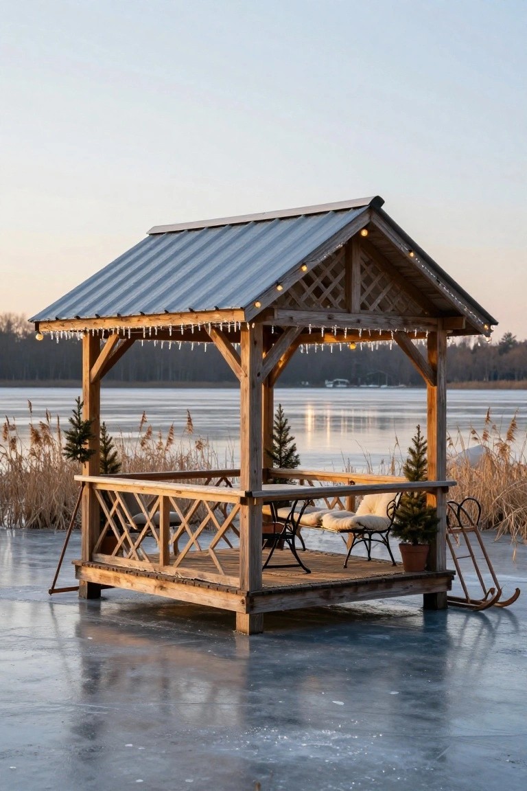Wooden gazebo on a platform over frozen lake ice, with icicle and string lights on eaves and roofline, small Christmas trees, chairs, pillows, and skis nearby, reeds in background.