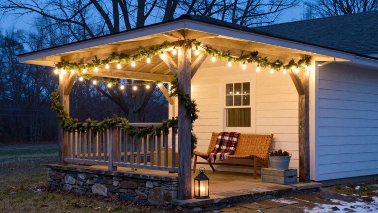Rustic wooden porch with evergreen garlands and string lights draped along beams, posts, and railings, wooden bench with plaid blanket, bucket of pinecones on crate, black metal lantern with candle, light snow on stone pavers, wooded yard at dusk.