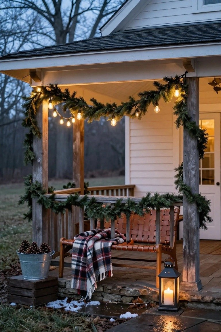 Rustic wooden porch with evergreen garlands and string lights draped along beams, posts, and railings, wooden bench with plaid blanket, bucket of pinecones on crate, black metal lantern with candle, light snow on stone pavers, wooded yard at dusk.