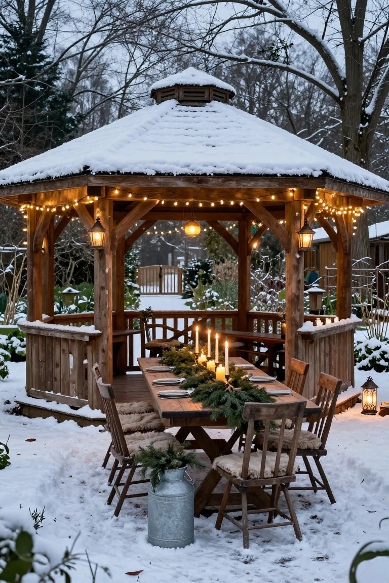Snow-covered wooden gazebo with string lights strung along the structure, a long wooden table in the center set with plates, garlands, candles, chairs with cushions, and lanterns nearby in a winter garden.
