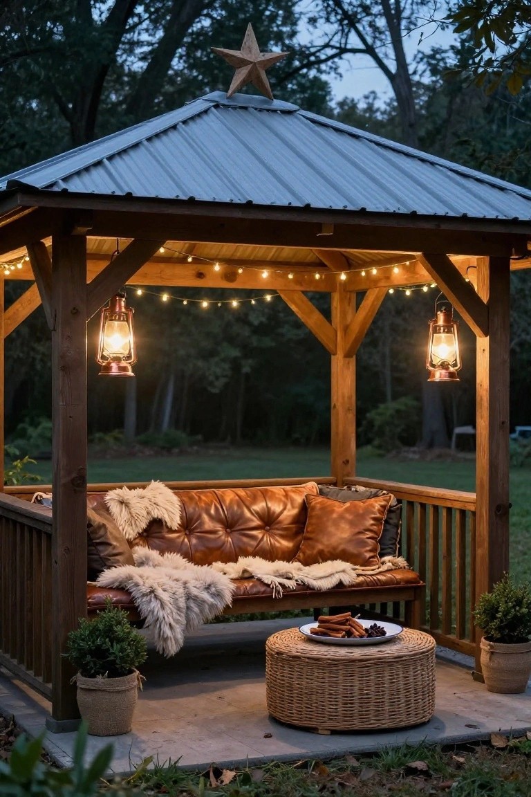 Rustic wooden gazebo with metal roof and wooden star finial, lit by string lights and two hanging copper lanterns, containing a tufted leather sofa with pillows and fur throw, wicker side table with plate of food, potted plants, set on concrete pad amid woods at dusk.