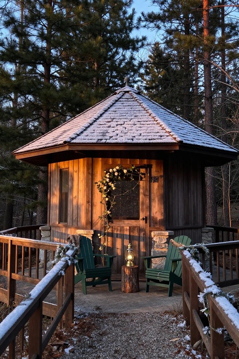 Octagonal wooden gazebo in snowy pine forest with white rose garlands on door and railings, two green Adirondack chairs on deck platform, lit lantern on tree-stump table, and garland along wooden rails.