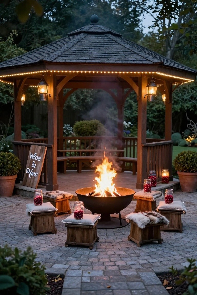 Rustic octagonal wooden gazebo with string lights along the perimeter and hanging lanterns, central metal fire bowl with flames surrounded by four wooden stools with white cushions and sheepskin throws, mason jars filled with red berries and candles on a circular brick paver patio edged by plants at dusk.