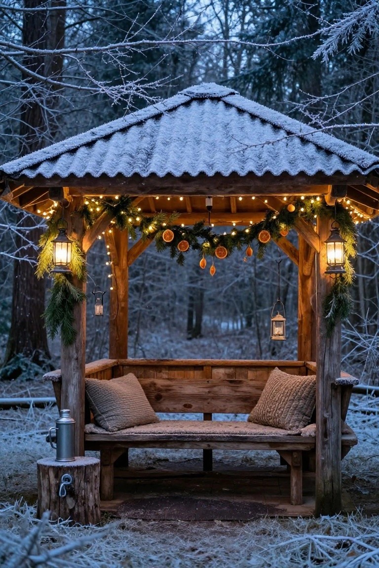 Rustic wooden gazebo in snowy forest decorated with string lights, evergreen garlands with orange slices, hanging lanterns, cushioned bench, and metal thermos on tree stump.