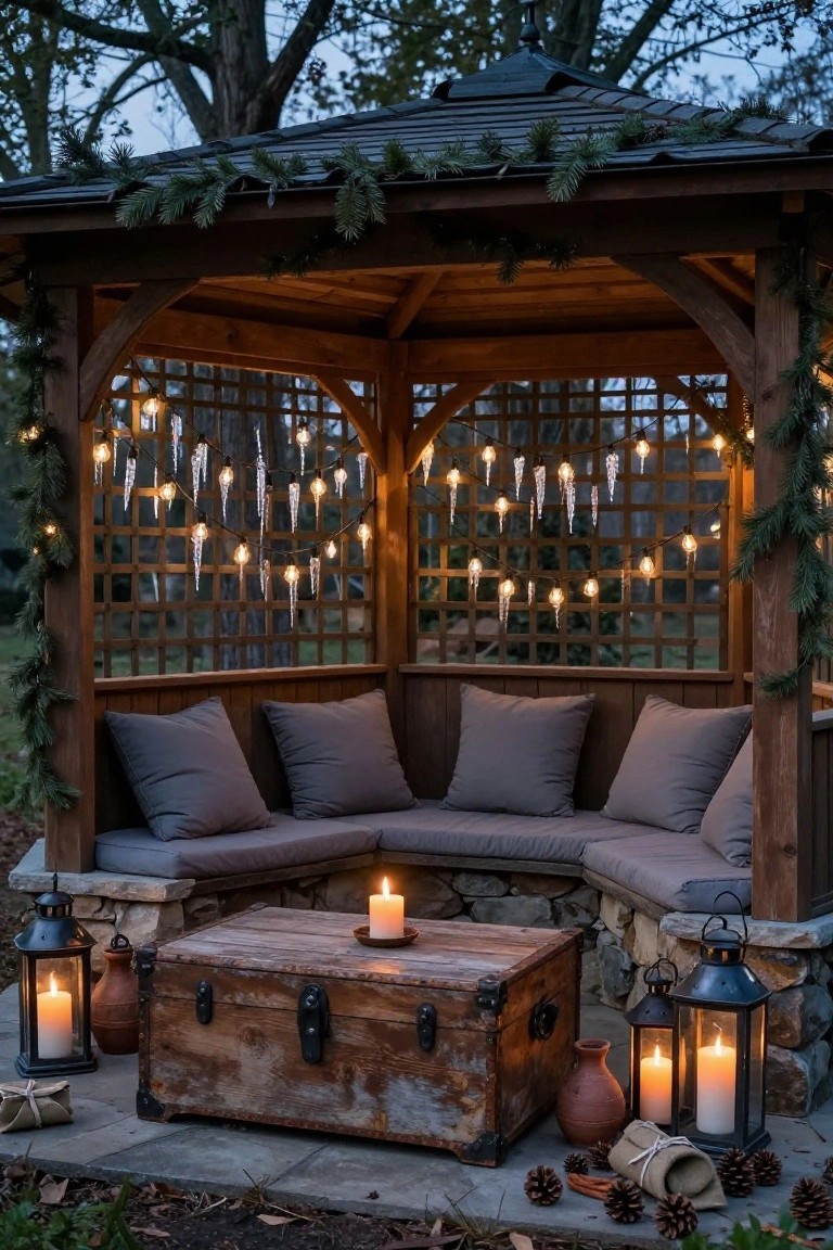 Wooden gazebo with lattice walls draped in icicle string lights, evergreen garlands, built-in bench seating with gray cushions, rustic wooden trunk table, clay pots, lanterns, and pine cones on stone pavers at dusk.
