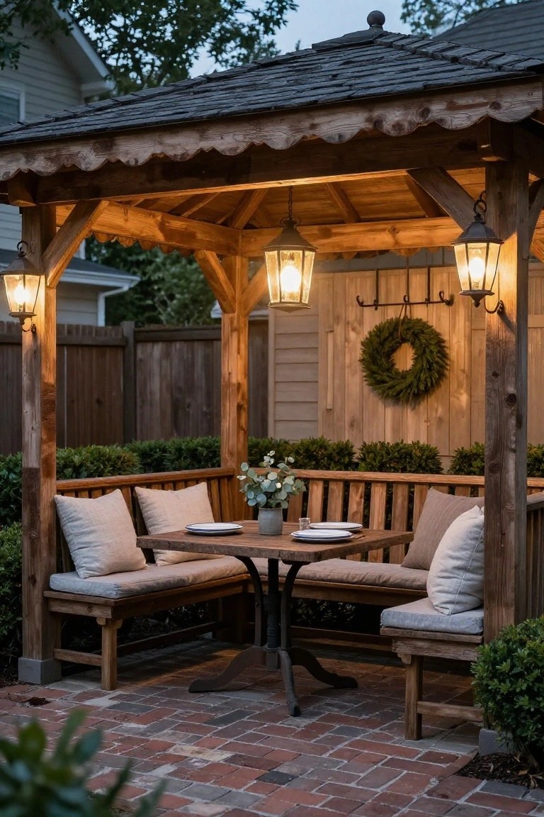 Wooden gazebo on a brick patio with built-in benches around a central table, lit by multiple hanging lanterns, surrounded by boxwood hedges and a wood fence with a wreath.