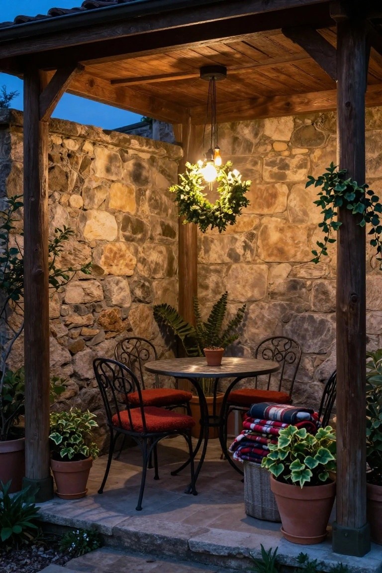 Rustic stone-walled gazebo with wooden roof beams at dusk, featuring a pendant light wrapped in greenery wreath, round metal table with four wrought-iron chairs and red cushions, potted plants, and plaid blankets on chairs.