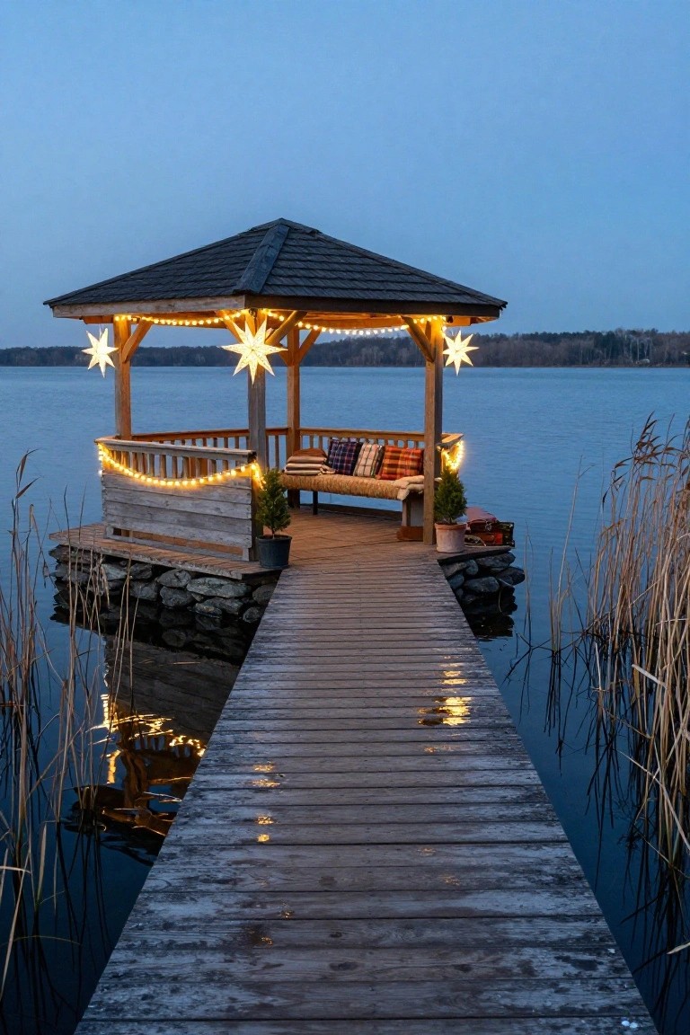 Wooden gazebo on a pier extending into a lake at dusk, decorated with string lights along railings and large star-shaped lights hanging from posts, benches with blankets and pillows inside, reeds surrounding the water's edge.