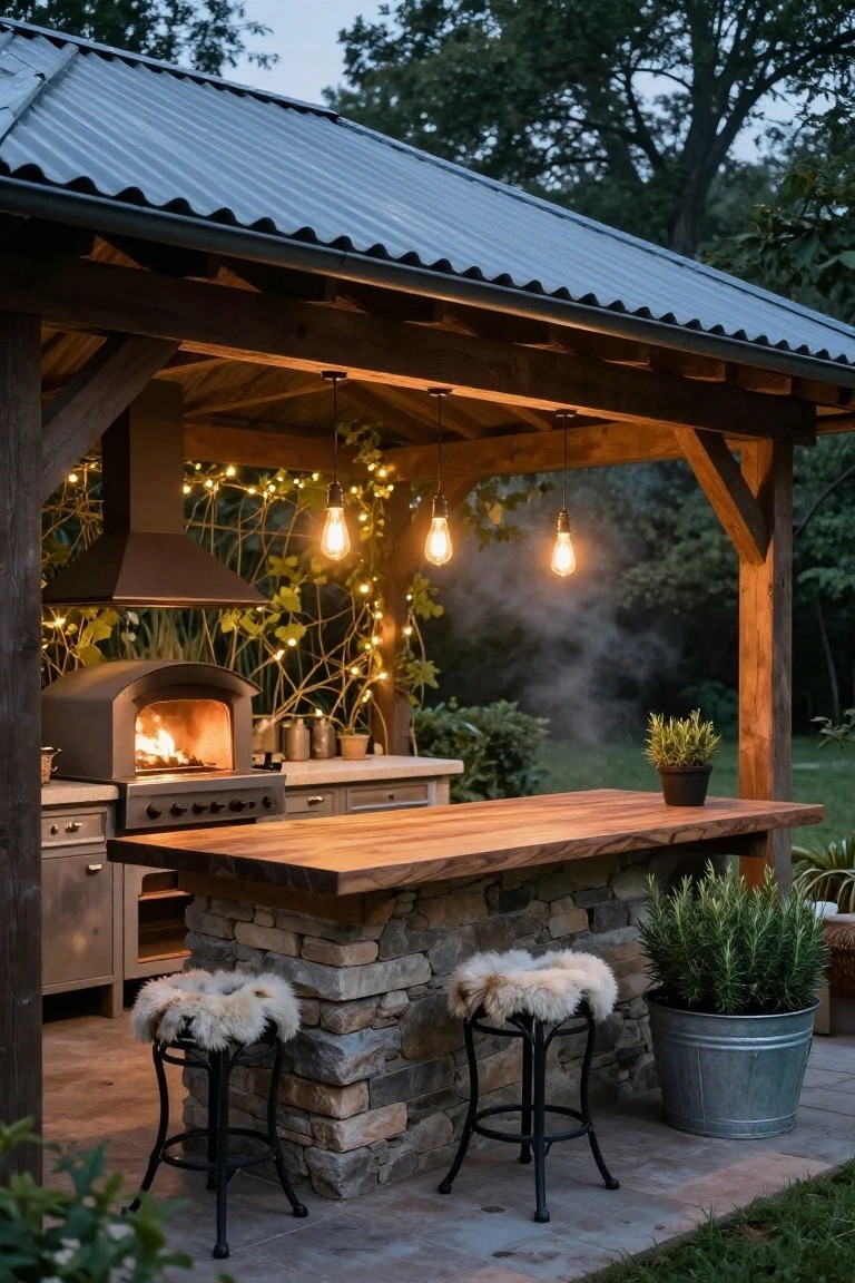 Rustic wooden gazebo with corrugated metal roof containing an outdoor kitchen with wood-fired pizza oven, gas grill, wooden bar top on stone base, black metal stools with sheepskin cushions, hanging Edison bulb pendants, wrapped string lights on beams with vines, potted plants, and surrounding greenery at dusk.