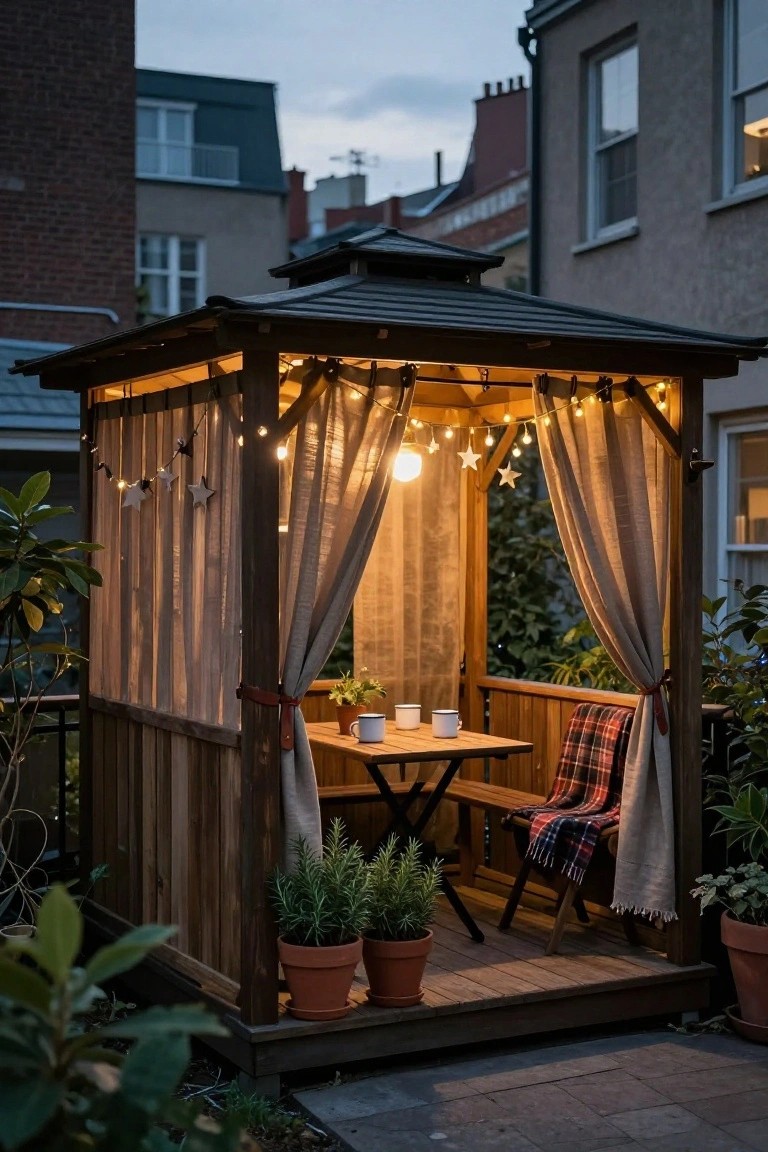 Wooden gazebo in a backyard at dusk with draped sheer curtains, string fairy lights and star garlands, small wooden table holding enamel mugs, bench with plaid blanket and throw, potted plants nearby, surrounded by brick buildings and greenery.